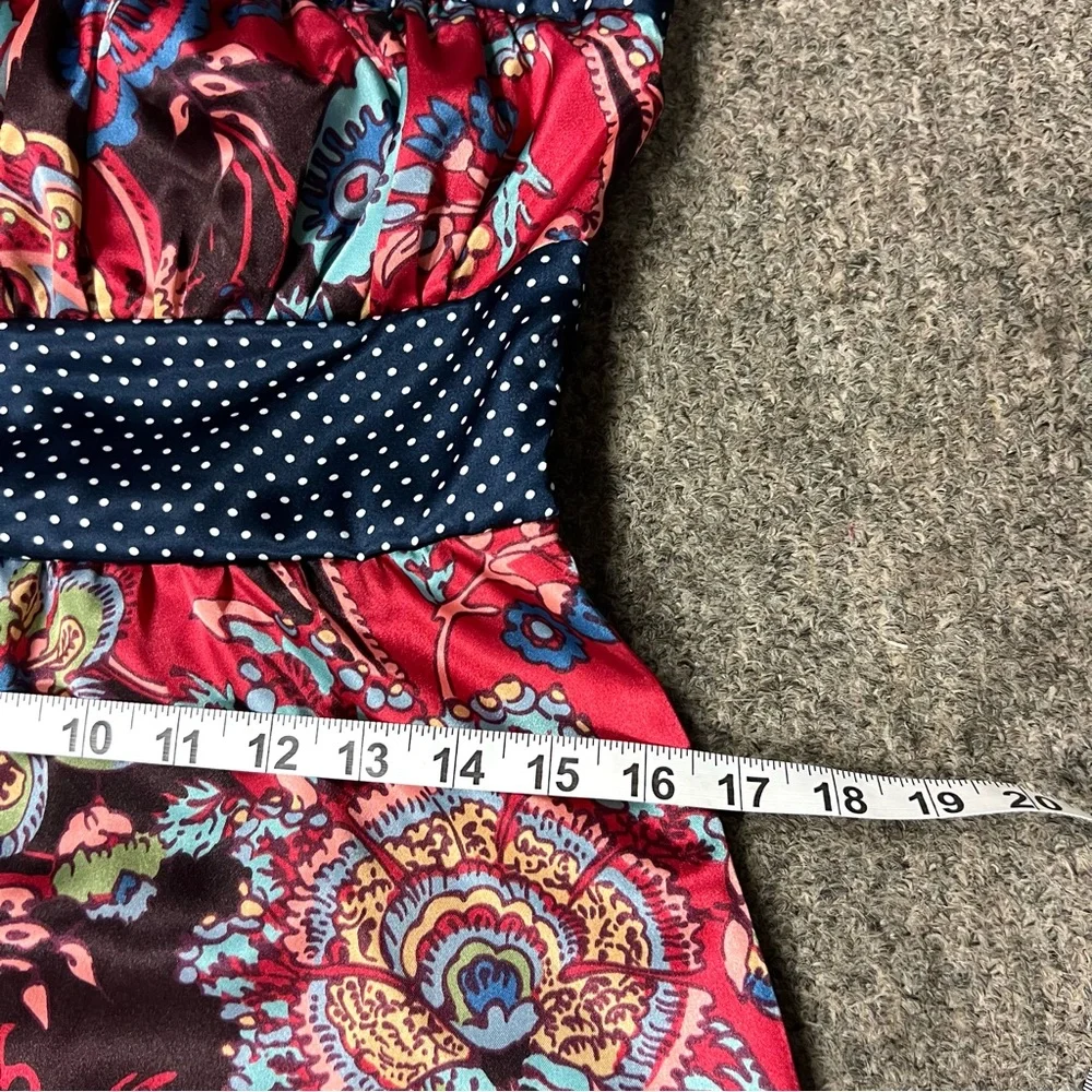 Vintage Forever 21 Blue Red Floral Strapless Maxi Satin Dress Size L Y2K Boho
